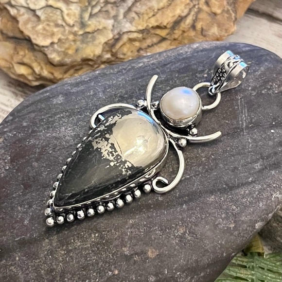 Apache Pyrite & Natural Pearl Sterling Silver Gemstone 2.5” Pendant - Picture 2 of 6